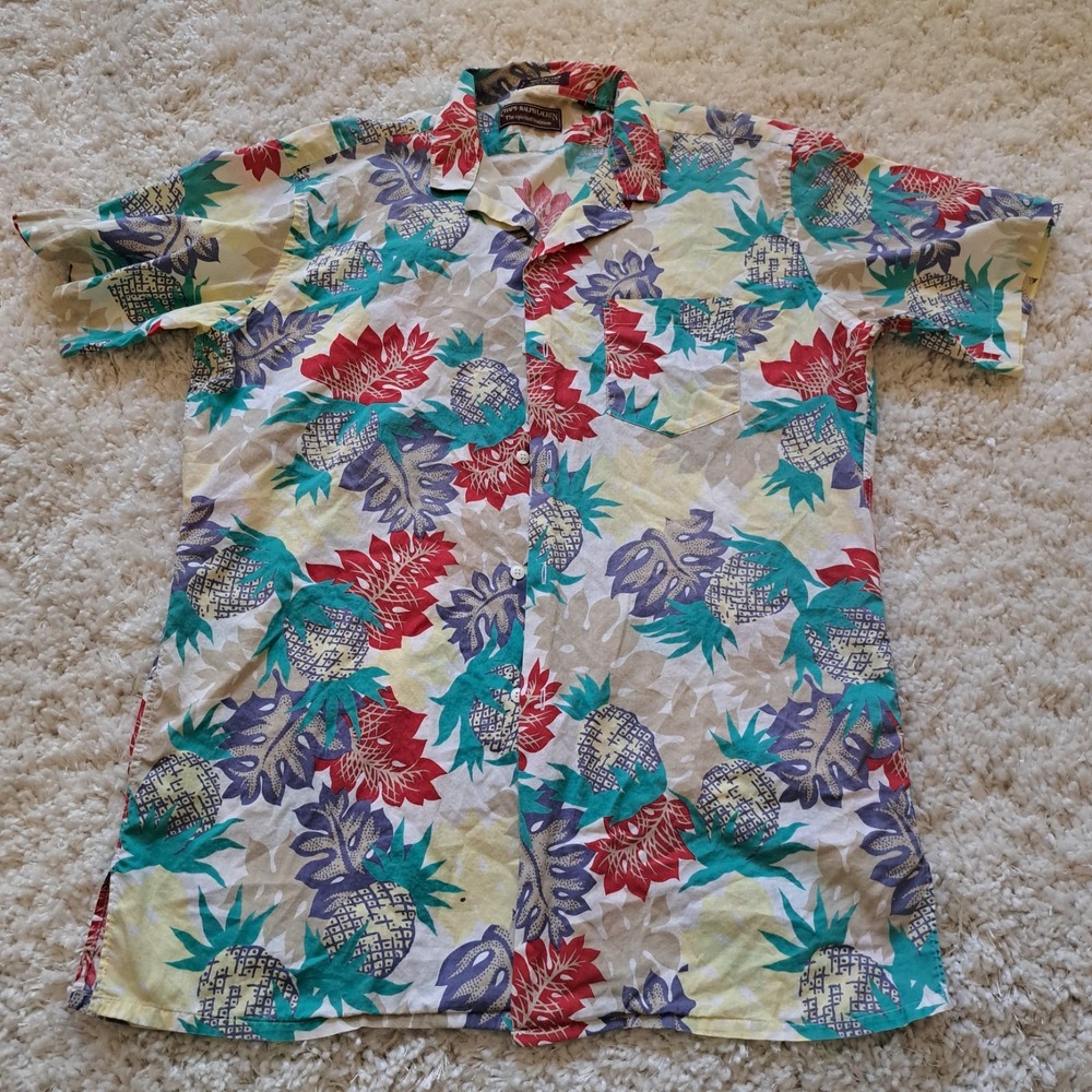 Vintage‎ Chaps Ralph Lauren Hawaiian Shirt Men XL Pineapple Leaves Purple Red